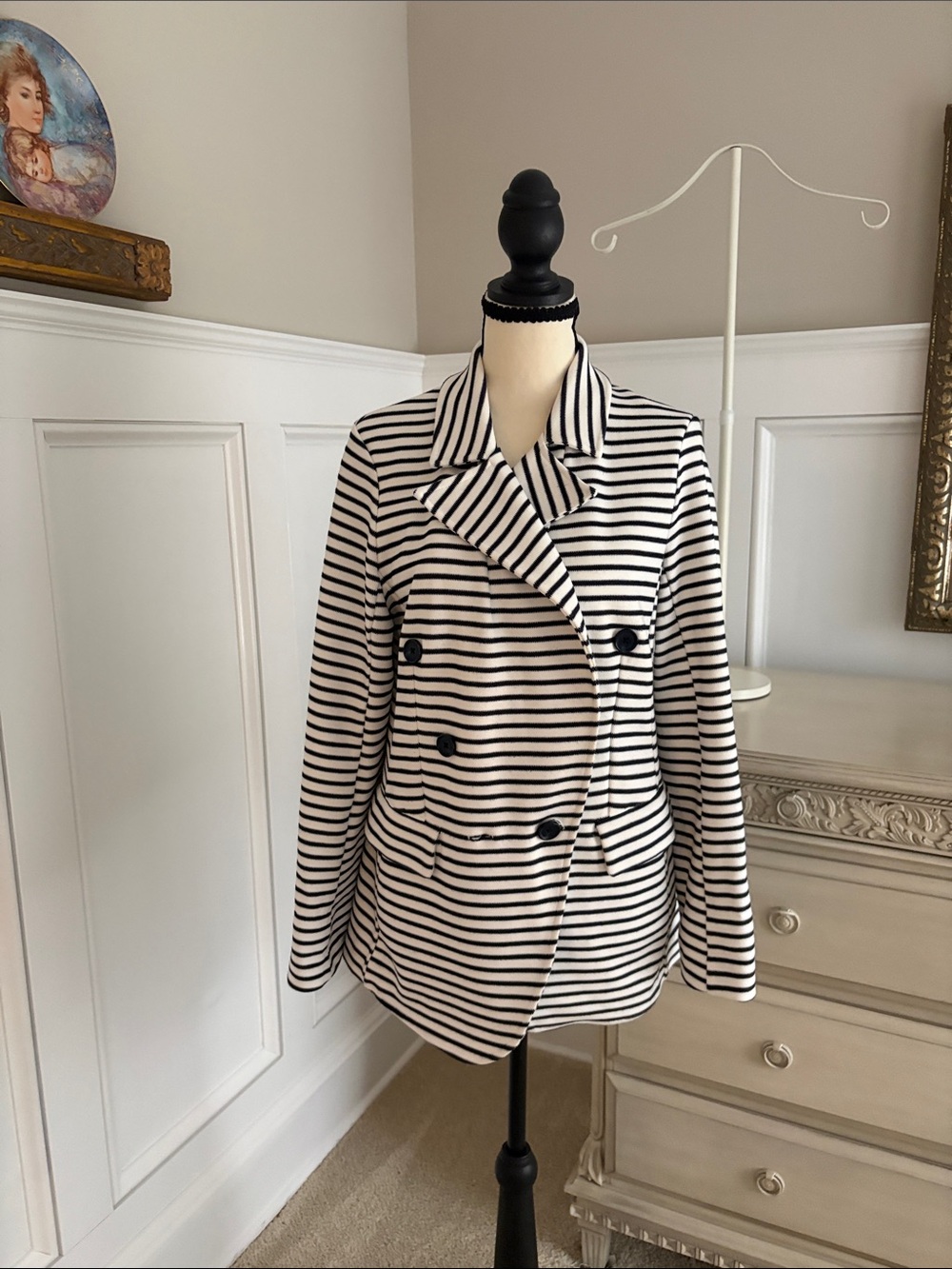 Banana Republic Black & White Striped Double-Breasted Pea Coat